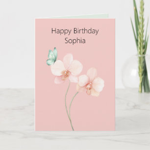 Tarjeta Flores de orquídea rosa mariposa verde menta Cumpl