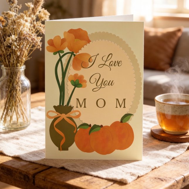 Tarjeta Flores de Otoño y Melocotones Saludo de Mamá (From Mother’s Day to everyday gratitude, this card flexes with your love. Custom message.)