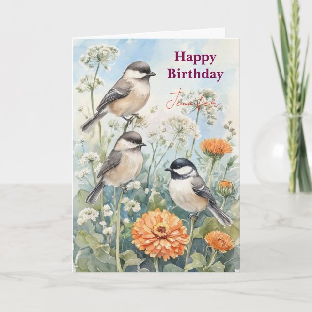 Tarjeta Flores de pájaro azul personalizadas acuarela cump (Anverso)