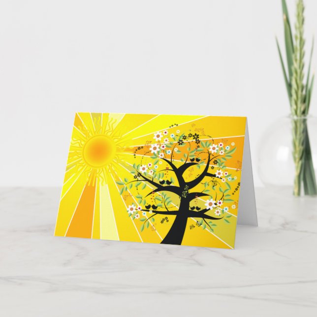 Tarjeta Flores de pájaros de árbol de sol feliz solsticio  (Anverso)