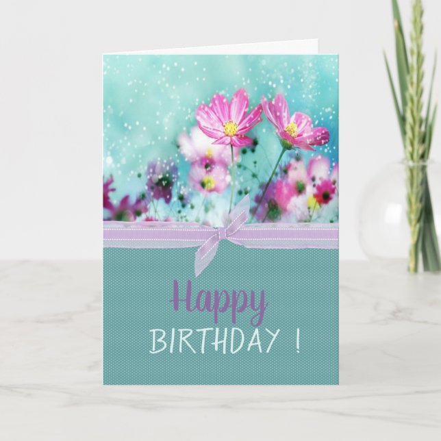 Tarjeta Flores de prado de cumpleaños con lazo chic (Anverso)
