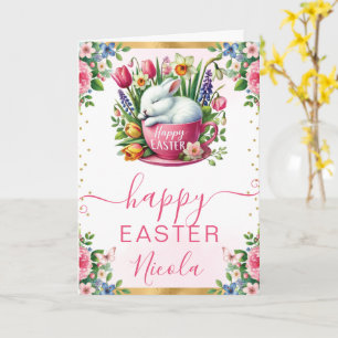 Tarjeta Flores de primavera de conejo acuático Feliz Pascu