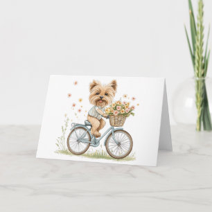 Tarjeta Flores de primavera en bicicleta de perro de Yorki