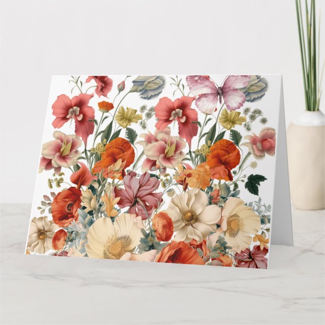 Tarjeta Flores de primavera en flor con mariposas (Anverso)