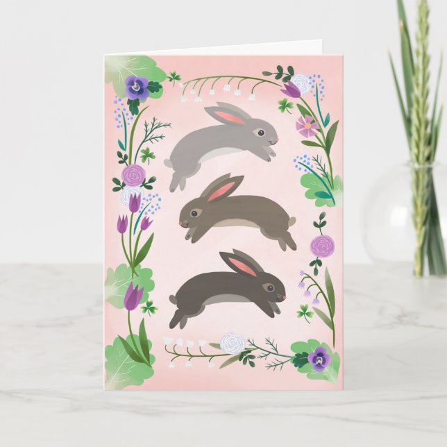 Tarjeta Flores de primavera y conejos saltantes | (Anverso)