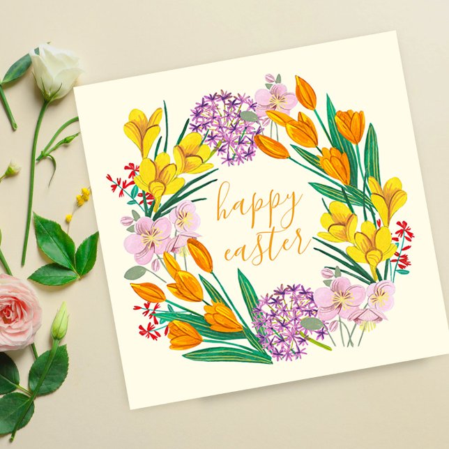 Tarjeta Flores de primavera zigzag amarillo pascua de tuli (Spring Wildflower Wreath Happy Easter Floral ArtCard)