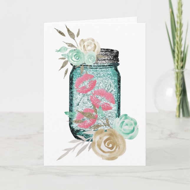 Tarjeta Flores de tarro mason y besos mariposas lindos (Anverso)