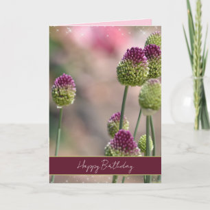 Tarjeta Flores de trébol verde púrpura brillan cumpleaños 