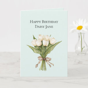 Tarjeta Flores de Tulipán Blancas con Menta Cumpleaños