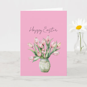 Tarjeta Flores de Tulipán Rosa Rubor Jarrón Verde Pascua