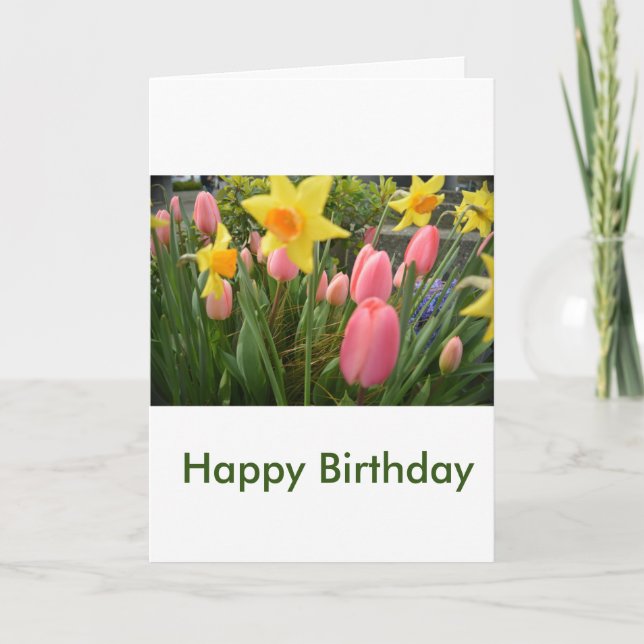 Tarjeta flores de tulipán rosado de hermosa primavera cump (Anverso)