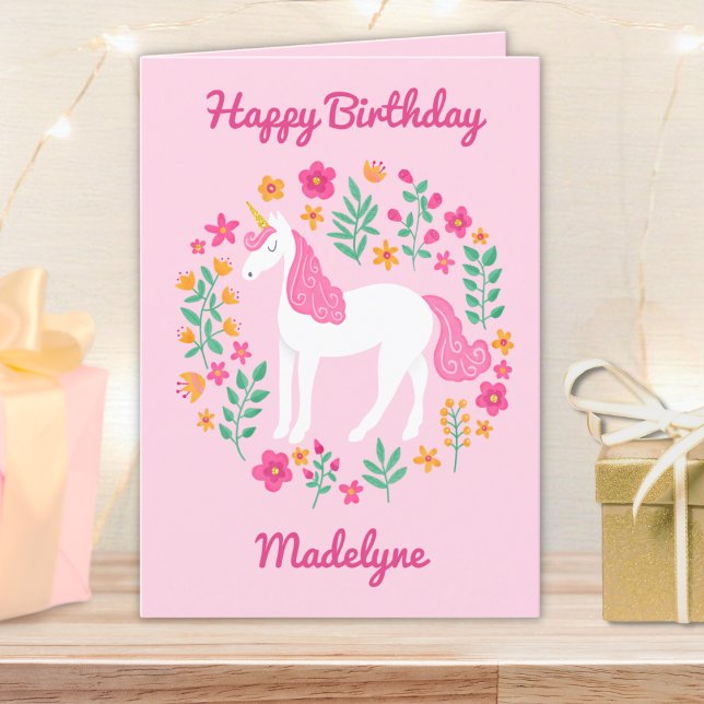 Tarjeta Flores de unicornio rosadas personalizadas (Subido por el creador)