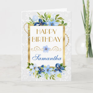 Tarjeta Flores de verano azules y navy con hoja de oro Cum