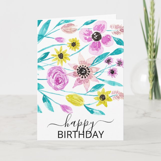 Tarjeta Flores de verano dejan acuarela feliz cumpleaños (Anverso)