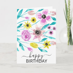Tarjeta Flores de verano dejan acuarela feliz cumpleaños