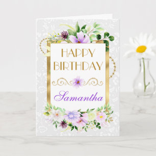 Tarjeta Flores de verano púrpura y crema Cumpleaños con ho