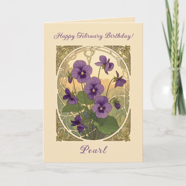Tarjeta Flores de Viola Cumpleaños de Febrero Estilo Art N (Anverso)