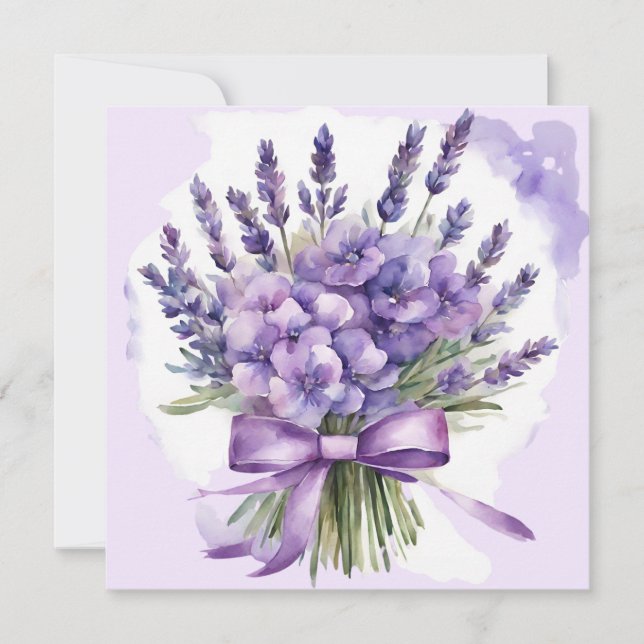 Tarjeta Flores de violetas y lavanda acuarela  (Anverso)