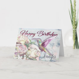 Tarjeta Flores del colibrí y nombre del feliz cumpleaños