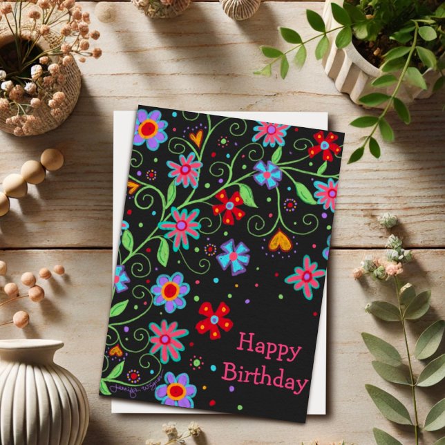 Tarjeta Flores divertidas y corazones negros Feliz cumplea (Subido por el creador)