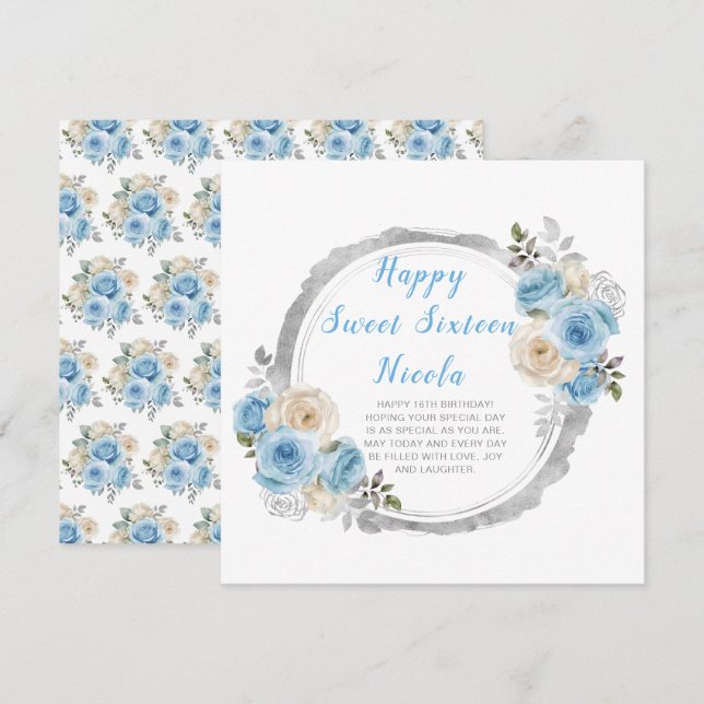 Tarjeta Flores Dusty Blue Silver Elegante Dulce Dieciséis (Anverso / Reverso)