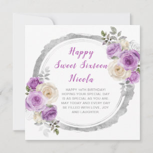Tarjeta Flores Elegantes de Purpura y Plata Cumpleaños Dul
