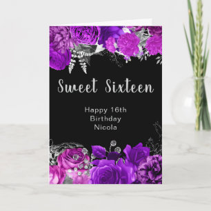 Tarjeta Flores elegantes de púrpura y plata Sweet Sixteen 