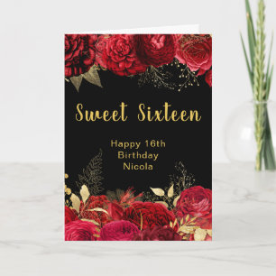 Tarjeta Flores elegantes rojas y doradas Sweet Sixteen