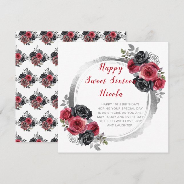 Tarjeta Flores elegantes rojas y plateadas dulces Dieciséi (Anverso / Reverso)