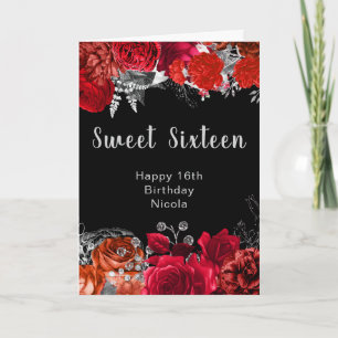 Tarjeta Flores elegantes rojas y plateadas Sweet Sixteen