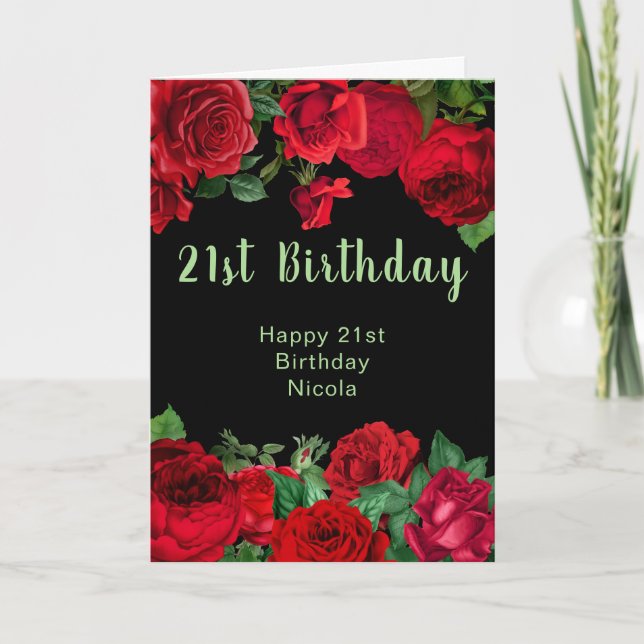 Tarjeta Flores Elegantes Rosas Rojas Cumpleaños  (Anverso)