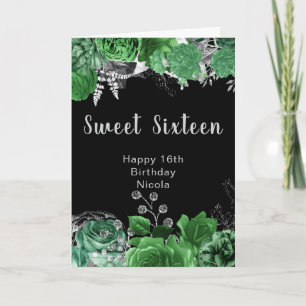 Tarjeta Flores elegantes verdes y plateadas Sweet Sixteen