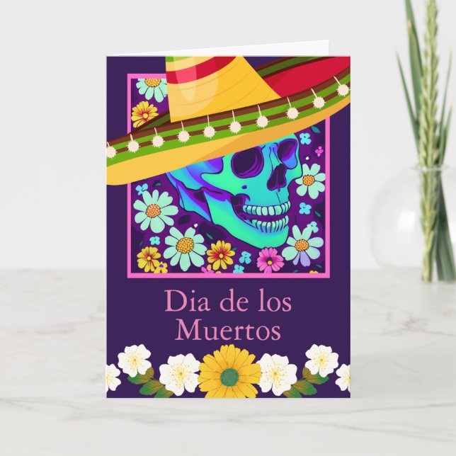 Tarjeta Flores en el cráneo del Día de los Muertos (Anverso)