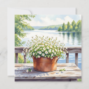 Tarjeta Flores en olla de cobre en la cubierta del lago