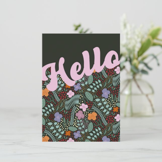 Tarjeta Flores estilizadas Millefleur Hola Pensando en ti (Anverso de pie)