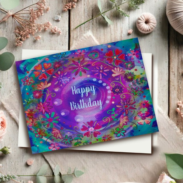 Tarjeta Flores Felices Deseos de Cumpleaños Morados y Colo (Subido por el creador)