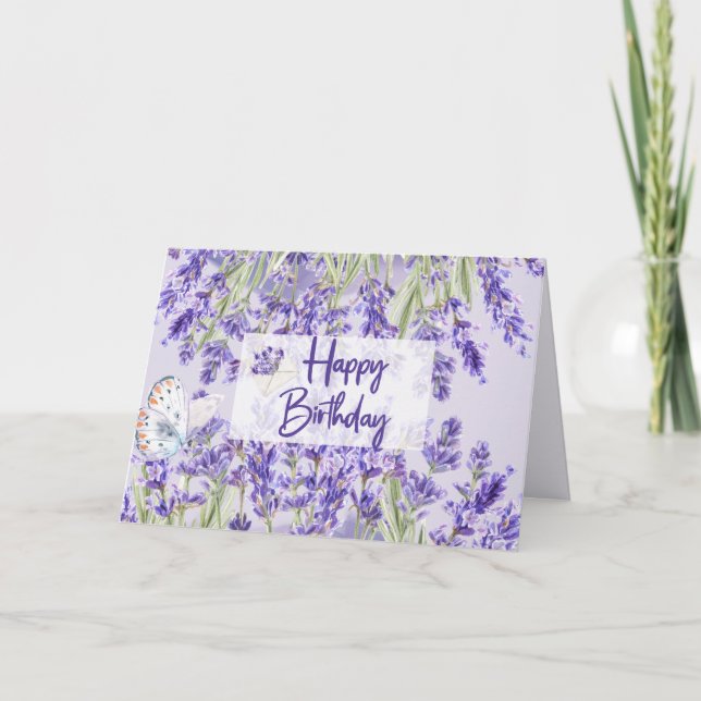 Tarjeta Flores Feliz cumpleaños moradas de lavanda (Anverso)