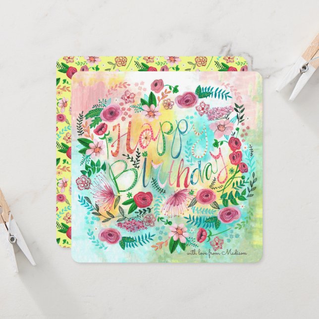 Tarjeta Flores florales de primavera amarillas y rosas bot (Anverso/Reverso In Situ)