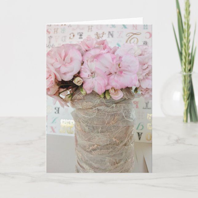 Tarjeta Flores geranio rosa en bote de cristal con encaje (Anverso)