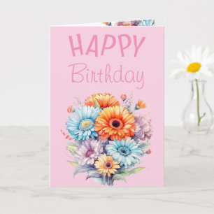 Tarjeta Flores gerbera feliz cumpleaños rosa en blanco