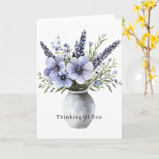 Tarjeta Flores Lilas Vaso Pensando en Ti (flor amarilla)