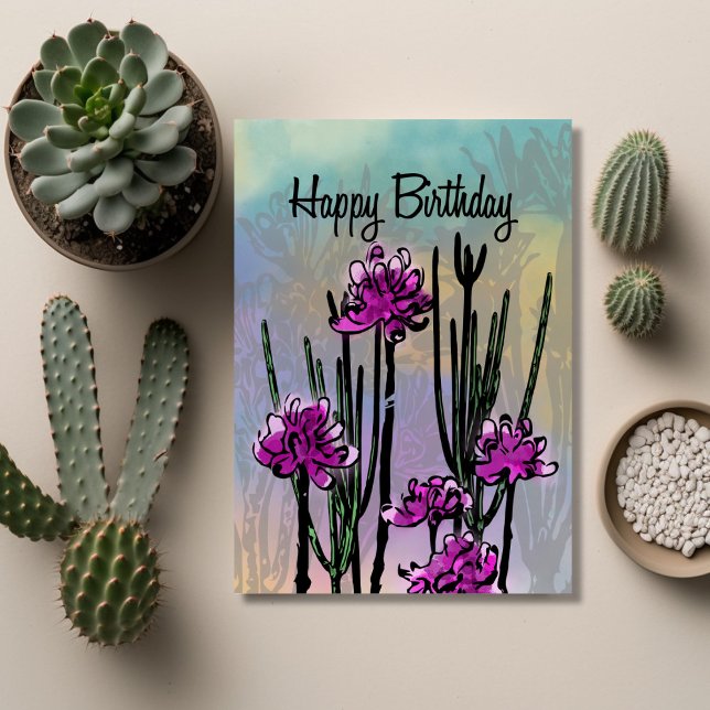Tarjeta Flores Modernas de Desierto Cumpleaños (Unique Birthday Cards: Geometric and Flat Art styles featuring florals, animals, and modern designs
)