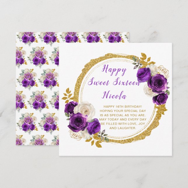 Tarjeta Flores moradas y doradas elegantes dulces dieciséi (Anverso / Reverso)