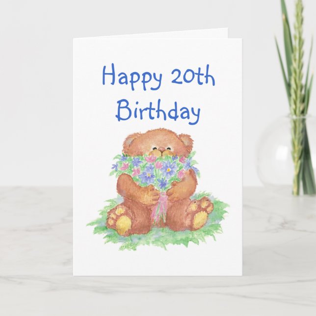 Tarjeta Flores para el vigésimo cumpleaños, oso de peluche (Anverso)