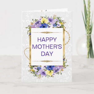 Tarjeta Flores Purpura de Primavera y Brillo Dorado Día de