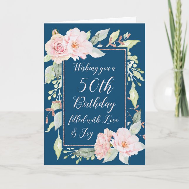 Tarjeta Flores rosa azul de la marina Feliz 50 cumpleaños (Anverso)