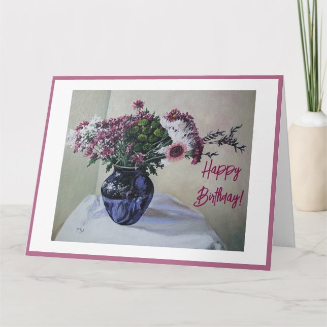 Tarjeta Flores rosa bonito Feliz cumpleaños arte floral fi (Anverso)