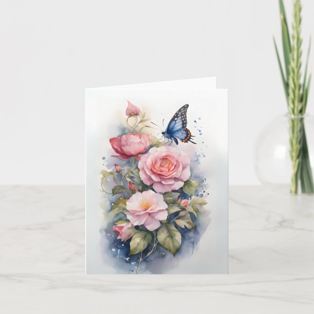 Tarjeta Flores rosa de mariposa azul acuarela en blanco (Anverso)