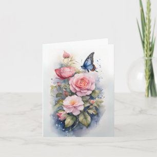 Tarjeta Flores rosa de mariposa azul acuarela en blanco