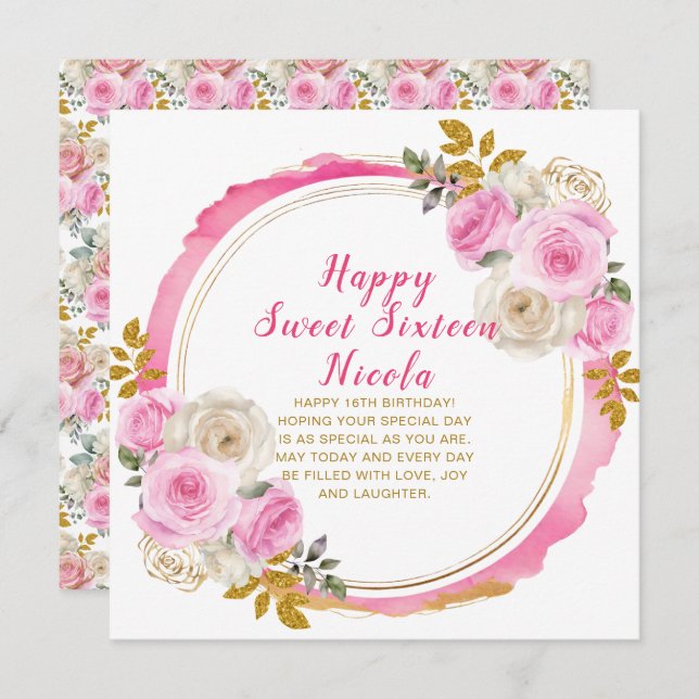 Tarjeta Flores rosa y dorada brillantes y elegantes 16 (Anverso / Reverso)